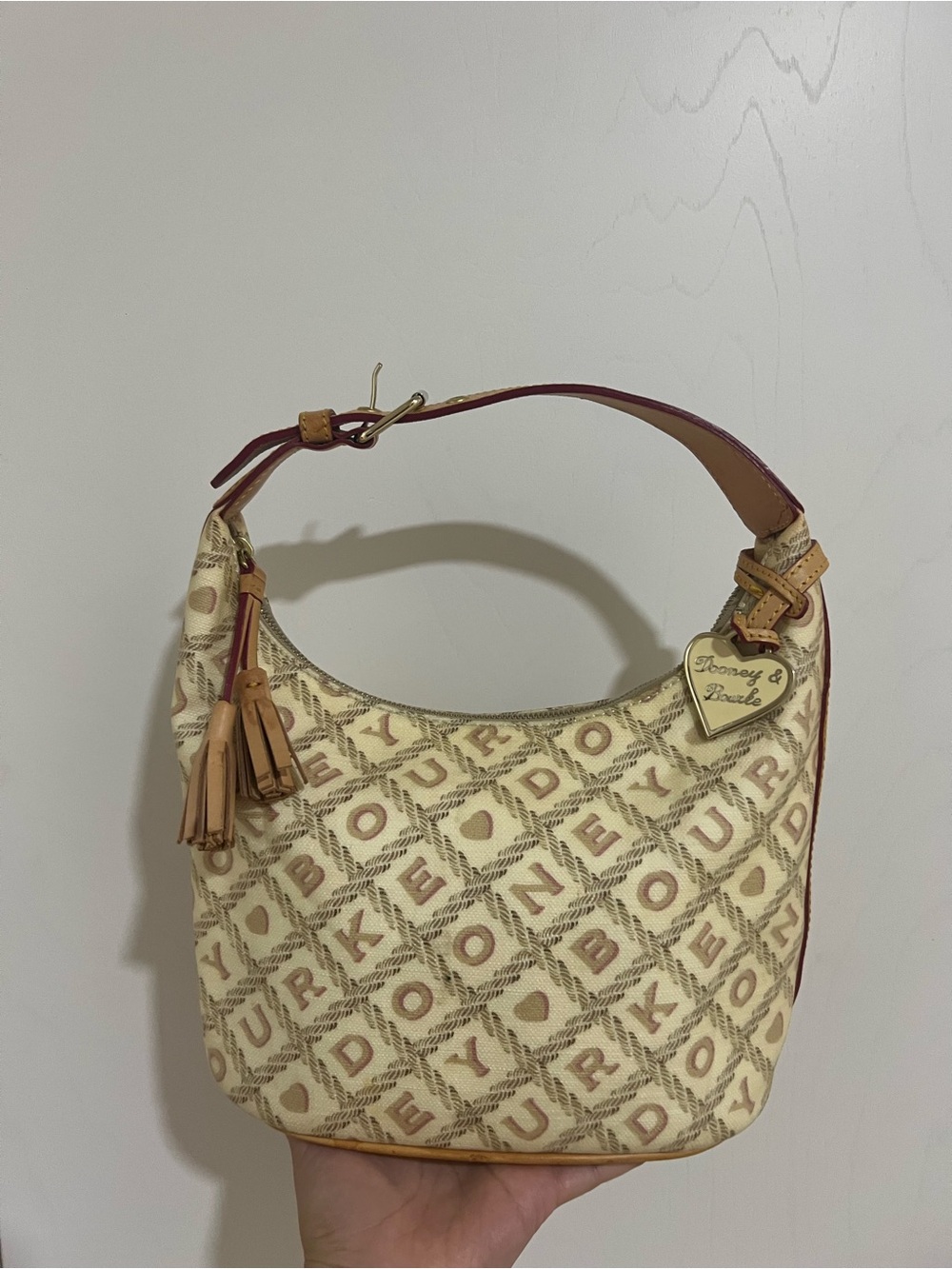 Dooney & Bourke Cream Logo-Print Hobo with Tan Trim